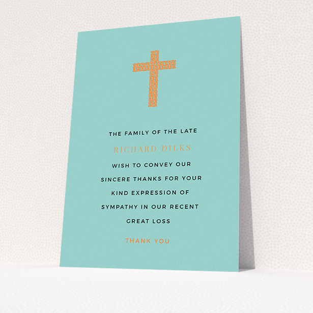 A funeral thank you card called "The celebration". It is an A5 card in a portrait orientation. "The celebration" is available as a flat card, with tones of teal and orange.