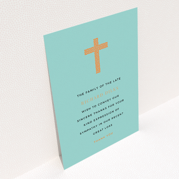 A funeral thank you card called "The celebration". It is an A5 card in a portrait orientation. "The celebration" is available as a flat card, with tones of teal and orange.