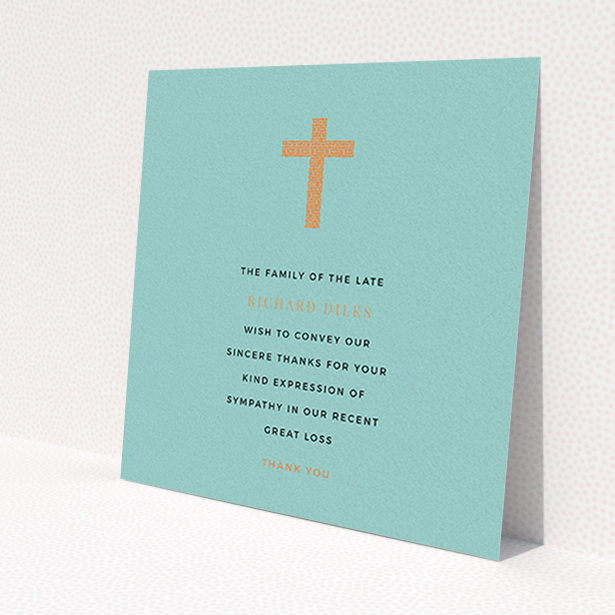 A funeral thank you card design titled 'The celebration'. It is a square (148mm x 148mm) card in a square orientation. 'The celebration' is available as a flat card, with tones of teal and orange.
