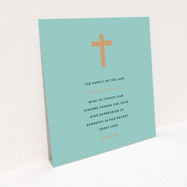 A funeral thank you card design titled "The celebration". It is a square (148mm x 148mm) card in a square orientation. "The celebration" is available as a flat card, with tones of teal and orange.