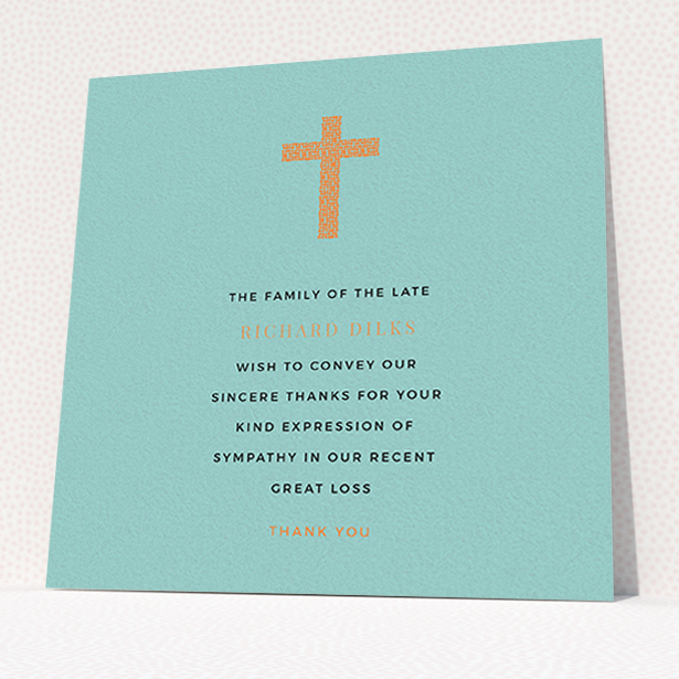 A funeral thank you card design titled "The celebration". It is a square (148mm x 148mm) card in a square orientation. "The celebration" is available as a flat card, with tones of teal and orange.