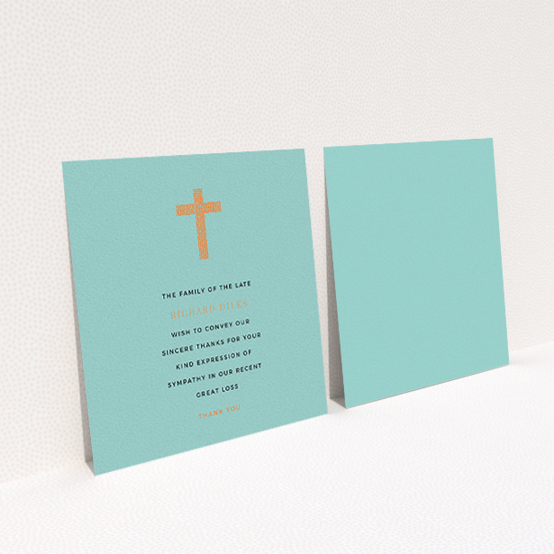 A funeral thank you card design titled "The celebration". It is a square (148mm x 148mm) card in a square orientation. "The celebration" is available as a flat card, with tones of teal and orange.