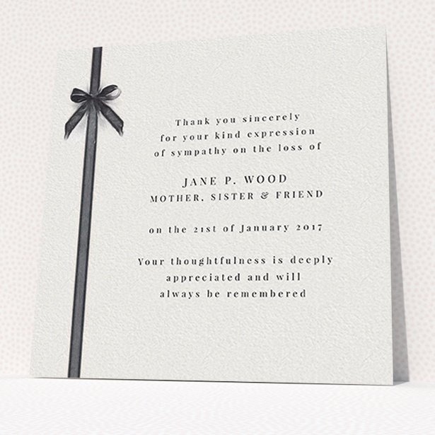 A funeral thank you card design named "Tied gracefully". It is a square (148mm x 148mm) card in a square orientation. "Tied gracefully" is available as a flat card, with tones of pale cream and faded black.