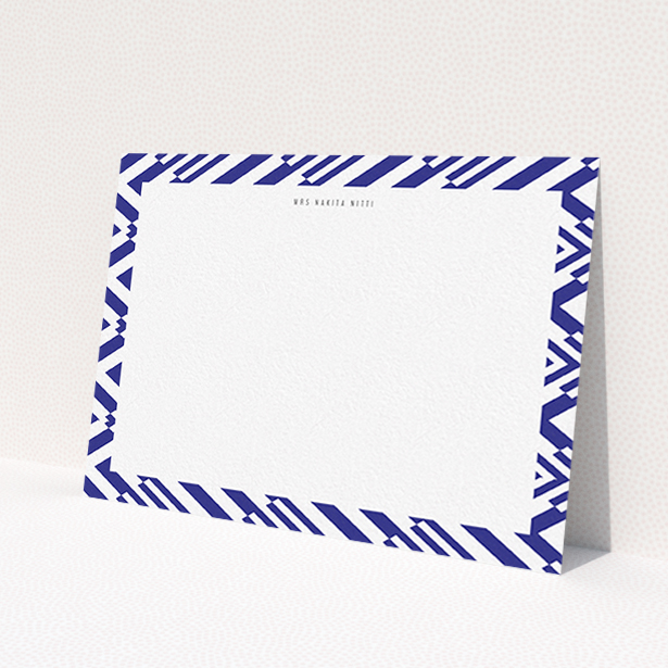 A ladies custom writing stationery design named 'Blue diamonds'. It is an A6 card in a landscape orientation. 'Blue diamonds' is available as a flat card, with tones of blue and white.