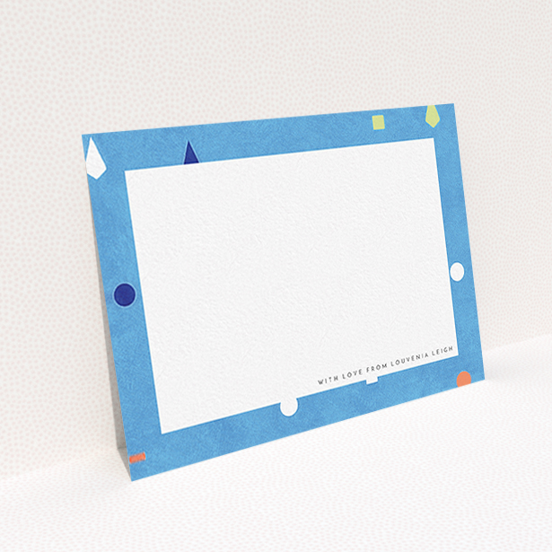 A ladies custom writing stationery design called "Capri". It is an A6 card in a landscape orientation. "Capri" is available as a flat card, with tones of light blue and orange.