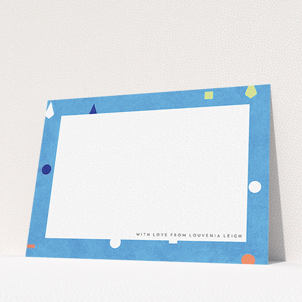 A ladies custom writing stationery design called "Capri". It is an A6 card in a landscape orientation. "Capri" is available as a flat card, with tones of light blue and orange.