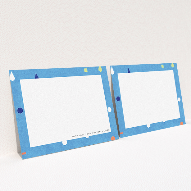 A ladies custom writing stationery design called "Capri". It is an A6 card in a landscape orientation. "Capri" is available as a flat card, with tones of light blue and orange.