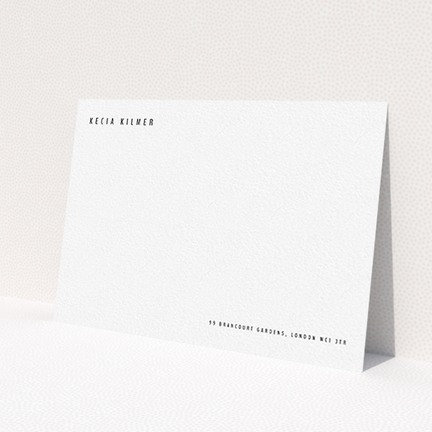 A ladies custom writing stationery called 'Corner to corner'. It is an A6 card in a landscape orientation. 'Corner to corner' is available as a flat card, with mainly white colouring.