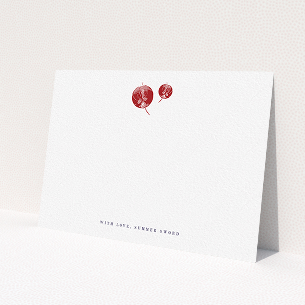 A ladies custom writing stationery template titled 'Shanghai Nights'. It is an A6 card in a landscape orientation. 'Shanghai Nights' is available as a flat card, with tones of white and red.