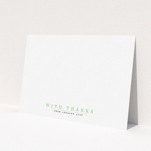 A ladies custom writing stationery design called 'Thanks is important'. It is an A6 card in a landscape orientation. 'Thanks is important' is available as a flat card, with tones of white and green.