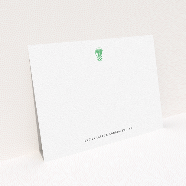 A ladies custom writing stationery template titled "The impossible elephant". It is an A6 card in a landscape orientation. "The impossible elephant" is available as a flat card, with tones of white and green.