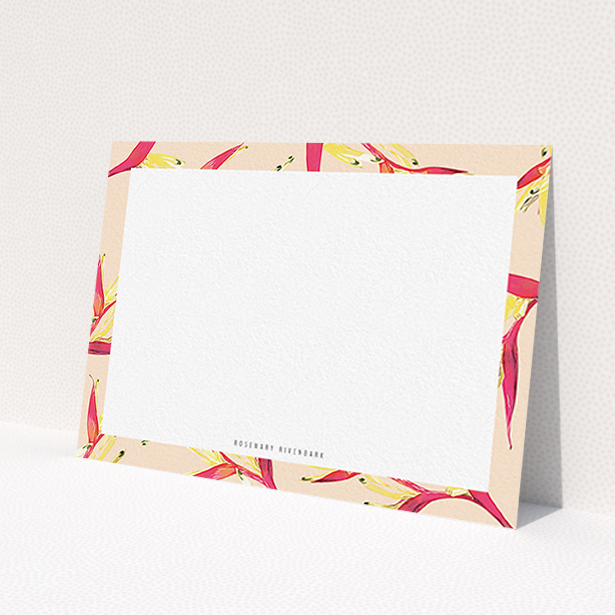 A ladies personalised note card named 'Birds of paradise'. It is an A6 card in a landscape orientation. 'Birds of paradise' is available as a flat card, with tones of dark cream and red.