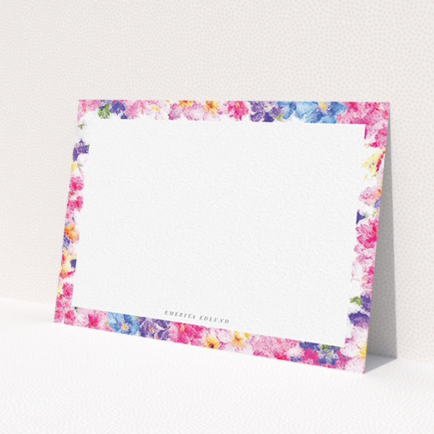 A ladies personalised note card called 'Blossom smudge'. It is an A6 card in a landscape orientation. 'Blossom smudge' is available as a flat card, with tones of light pink and light blue.