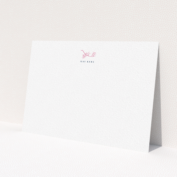 A ladies personalised note card design called 'Blushing blossom'. It is an A6 card in a landscape orientation. 'Blushing blossom' is available as a flat card, with tones of white and pink.