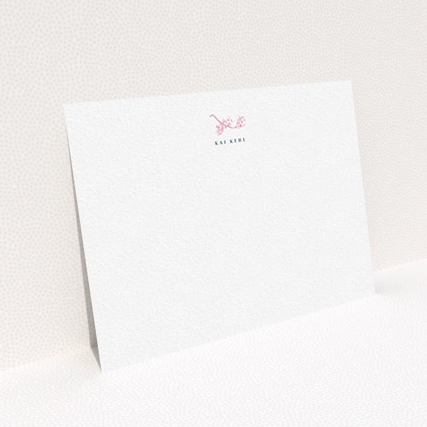 A ladies personalised note card design called "Blushing blossom". It is an A6 card in a landscape orientation. "Blushing blossom" is available as a flat card, with tones of white and pink.