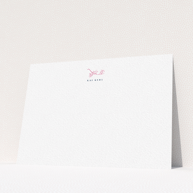 A ladies personalised note card design called "Blushing blossom". It is an A6 card in a landscape orientation. "Blushing blossom" is available as a flat card, with tones of white and pink.