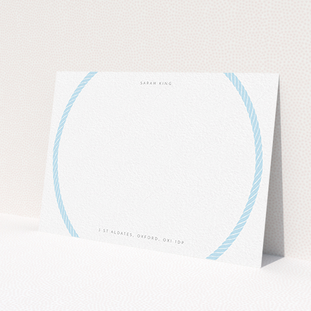 A ladies personalised note card design named 'Come full circle'. It is an A6 card in a landscape orientation. 'Come full circle' is available as a flat card, with tones of blue and white.