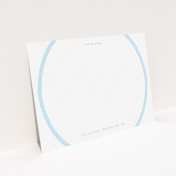 A ladies personalised note card design named "Come full circle". It is an A6 card in a landscape orientation. "Come full circle" is available as a flat card, with tones of blue and white.