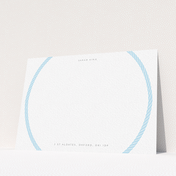 A ladies personalised note card design named "Come full circle". It is an A6 card in a landscape orientation. "Come full circle" is available as a flat card, with tones of blue and white.
