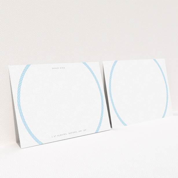 A ladies personalised note card design named "Come full circle". It is an A6 card in a landscape orientation. "Come full circle" is available as a flat card, with tones of blue and white.