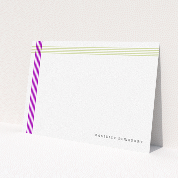 A ladies personalised note card template titled 'Crossing Paths'. It is an A6 card in a landscape orientation. 'Crossing Paths' is available as a flat card, with tones of yellow and purple.
