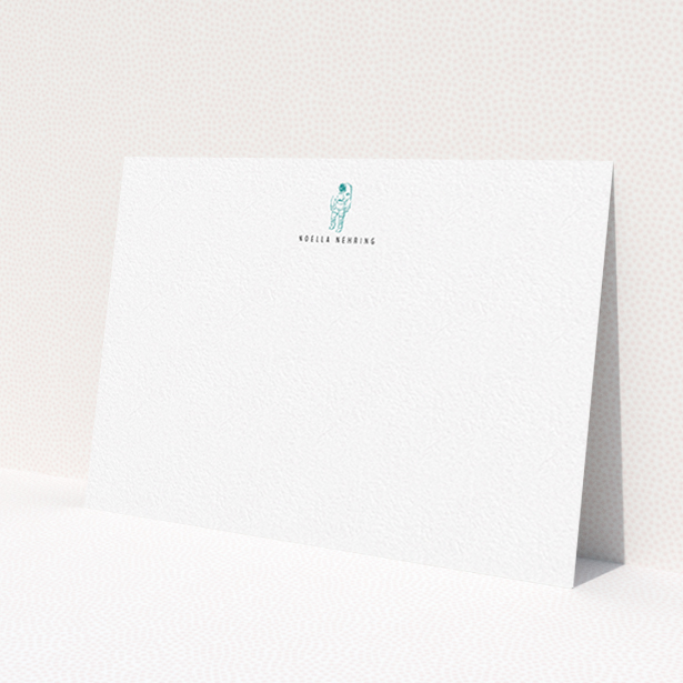 A ladies personalised note card design named 'One small step'. It is an A6 card in a landscape orientation. 'One small step' is available as a flat card, with tones of white and green.