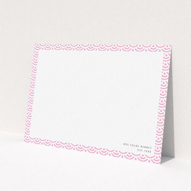 A ladies personalised note card design titled 'Pink Fan Pattern'. It is an A6 card in a landscape orientation. 'Pink Fan Pattern' is available as a flat card, with tones of pink and white.