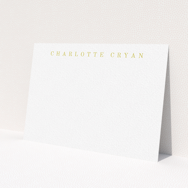 A ladies personalised note card design titled 'Remember the name'. It is an A6 card in a landscape orientation. 'Remember the name' is available as a flat card, with tones of white and gold.