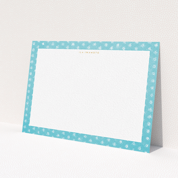 A ladies personalised note card design named 'Remembering polkadots'. It is an A6 card in a landscape orientation. 'Remembering polkadots' is available as a flat card, with tones of blue and white.
