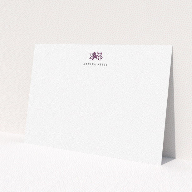A ladies personalised note card template titled 'Stand the flowers'. It is an A6 card in a landscape orientation. 'Stand the flowers' is available as a flat card, with tones of white and purple.