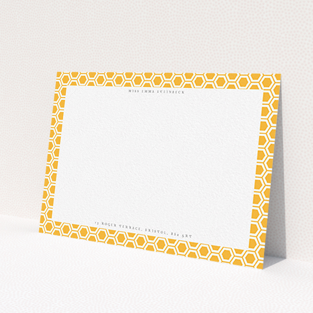 A ladies personalised note card template titled 'The honeycomb'. It is an A6 card in a landscape orientation. 'The honeycomb' is available as a flat card, with tones of orange and white.