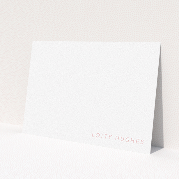 A ladies personalised note card design called 'To the point'. It is an A6 card in a landscape orientation. 'To the point' is available as a flat card, with tones of white and pink.