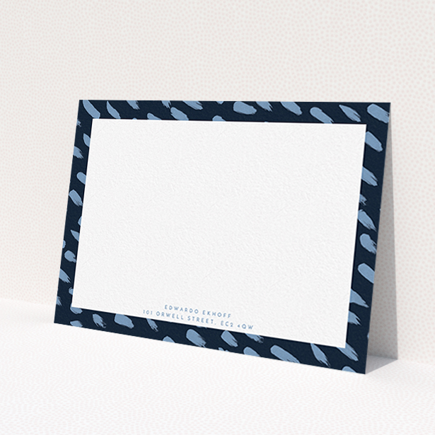 A men custom writing stationery called 'Blue smudges'. It is an A6 card in a landscape orientation. 'Blue smudges' is available as a flat card, with tones of blue and white.