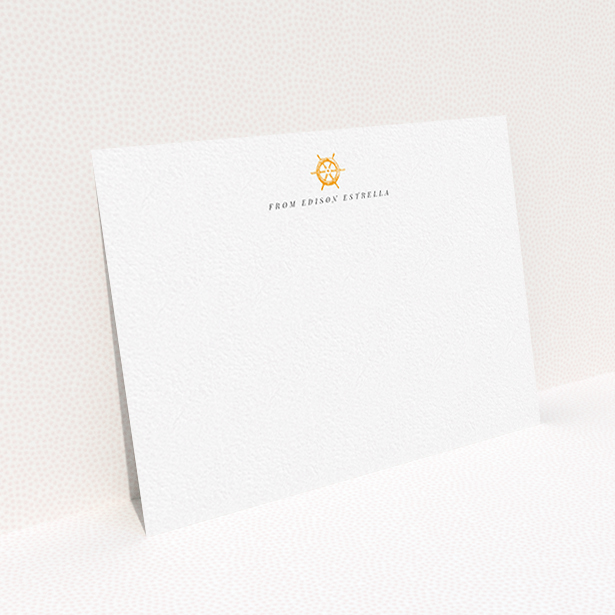 A men custom writing stationery template titled "Captains orders". It is an A6 card in a landscape orientation. "Captains orders" is available as a flat card, with tones of white and orange.