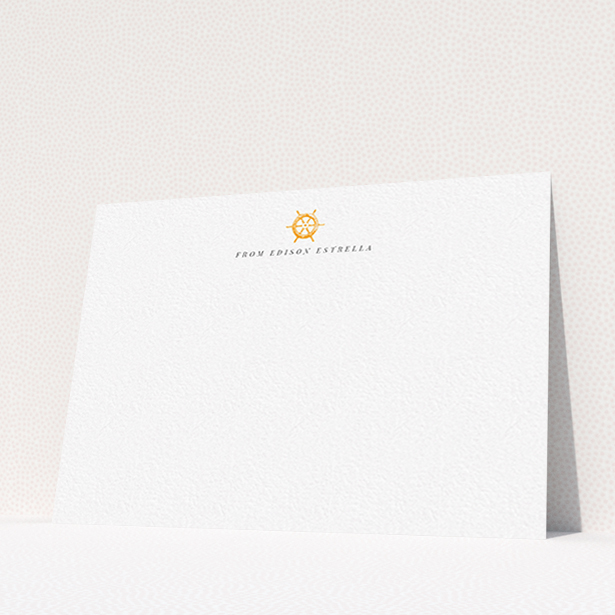 A men custom writing stationery template titled "Captains orders". It is an A6 card in a landscape orientation. "Captains orders" is available as a flat card, with tones of white and orange.