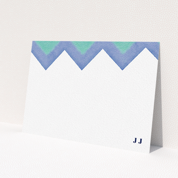 A men custom writing stationery design titled 'Colour Peaks'. It is an A6 card in a landscape orientation. 'Colour Peaks' is available as a flat card, with tones of blue, green and navy blue.