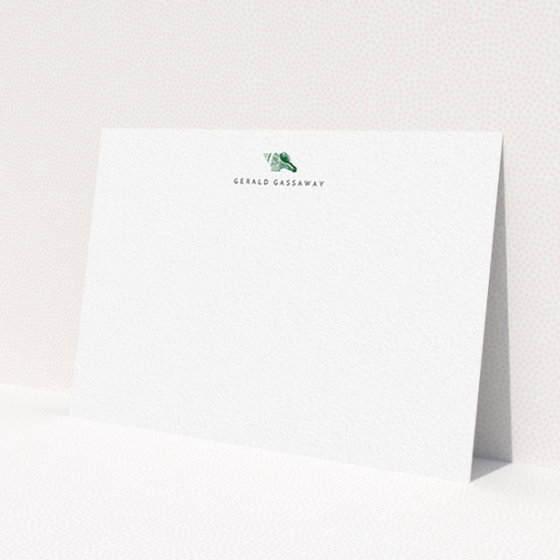 A men custom writing stationery design titled 'On the shore'. It is an A6 card in a landscape orientation. 'On the shore' is available as a flat card, with tones of white and green.