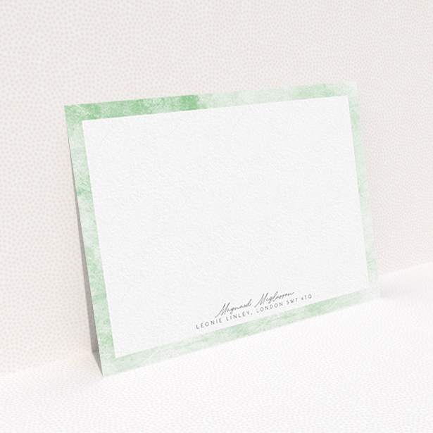 A men custom writing stationery named "Rustic Green". It is an A6 card in a landscape orientation. "Rustic Green" is available as a flat card, with tones of green and white.