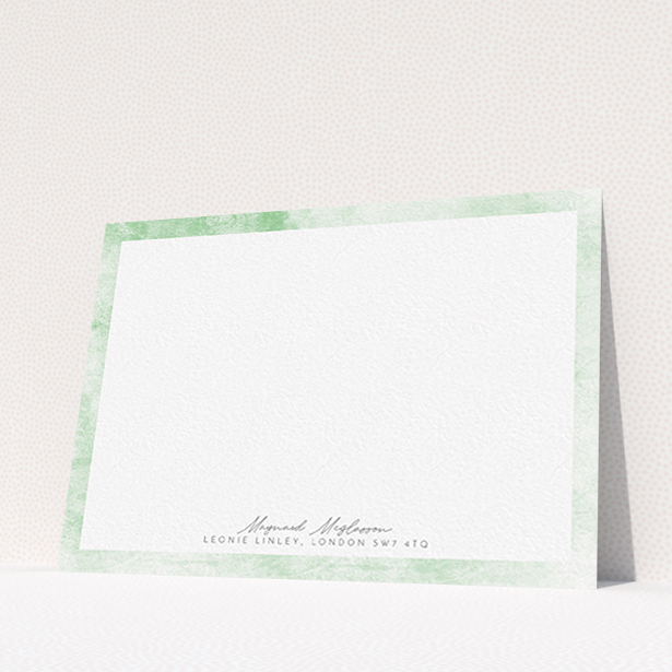 A men custom writing stationery named "Rustic Green". It is an A6 card in a landscape orientation. "Rustic Green" is available as a flat card, with tones of green and white.
