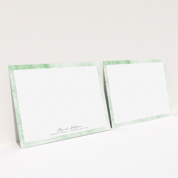 A men custom writing stationery named "Rustic Green". It is an A6 card in a landscape orientation. "Rustic Green" is available as a flat card, with tones of green and white.