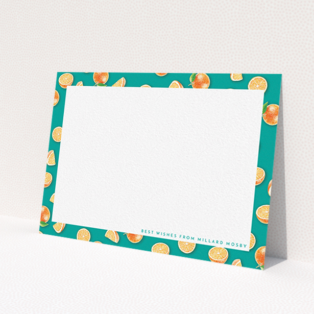 A men custom writing stationery design titled 'Summer oranges'. It is an A6 card in a landscape orientation. 'Summer oranges' is available as a flat card, with tones of orange and blue.