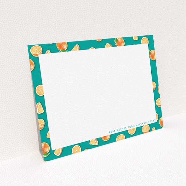 A men custom writing stationery design titled "Summer oranges". It is an A6 card in a landscape orientation. "Summer oranges" is available as a flat card, with tones of orange and blue.
