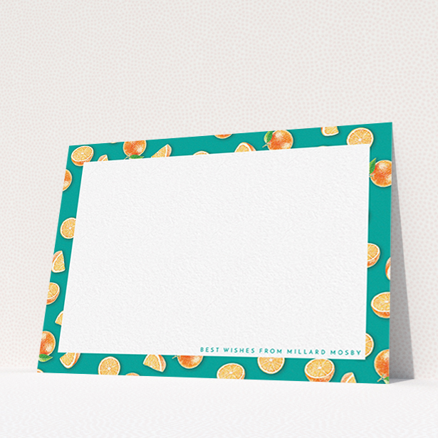 A men custom writing stationery design titled "Summer oranges". It is an A6 card in a landscape orientation. "Summer oranges" is available as a flat card, with tones of orange and blue.