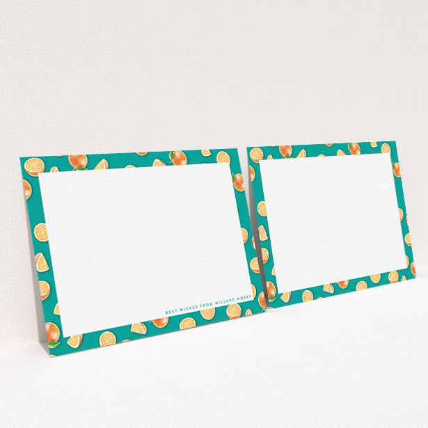 A men custom writing stationery design titled "Summer oranges". It is an A6 card in a landscape orientation. "Summer oranges" is available as a flat card, with tones of orange and blue.