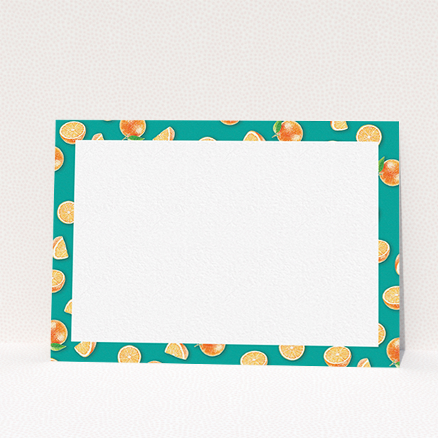 A men custom writing stationery design titled "Summer oranges". It is an A6 card in a landscape orientation. "Summer oranges" is available as a flat card, with tones of orange and blue.