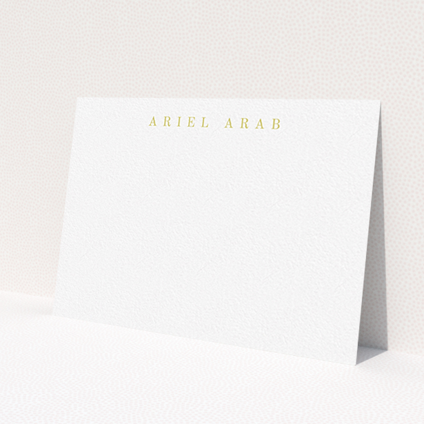 A men custom writing stationery template titled 'Top the page'. It is an A6 card in a landscape orientation. 'Top the page' is available as a flat card, with tones of white and gold.