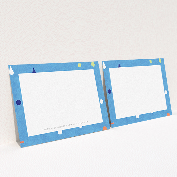 A men personalised note card template titled "Capri". It is an A6 card in a landscape orientation. "Capri" is available as a flat card, with tones of blue and green.