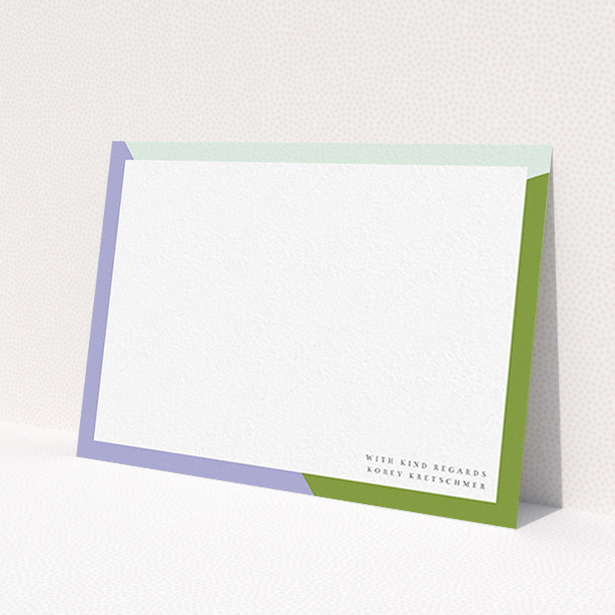 A men personalised note card design titled 'Colour Thirds'. It is an A6 card in a landscape orientation. 'Colour Thirds' is available as a flat card, with tones of white, green and light blue.