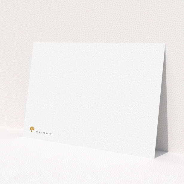 A men personalised note card design named 'Oak in the field'. It is an A6 card in a landscape orientation. 'Oak in the field' is available as a flat card, with tones of white and Dark orange.