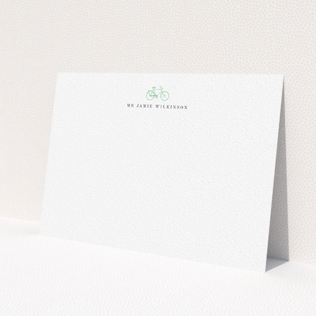 A men personalised note card design named 'Oxford bike'. It is an A6 card in a landscape orientation. 'Oxford bike' is available as a flat card, with tones of white and green.